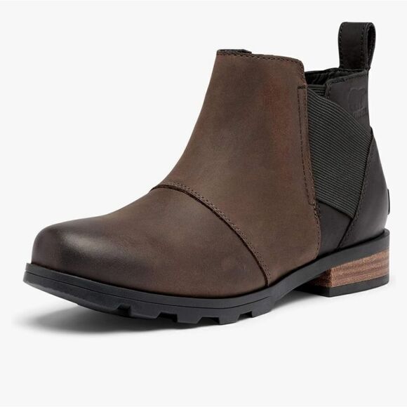 Sorel Emelie Blackened Brown Oiled Leather Waterproof Chelsea Ankle Boots Bootie - Picture 1 of 9